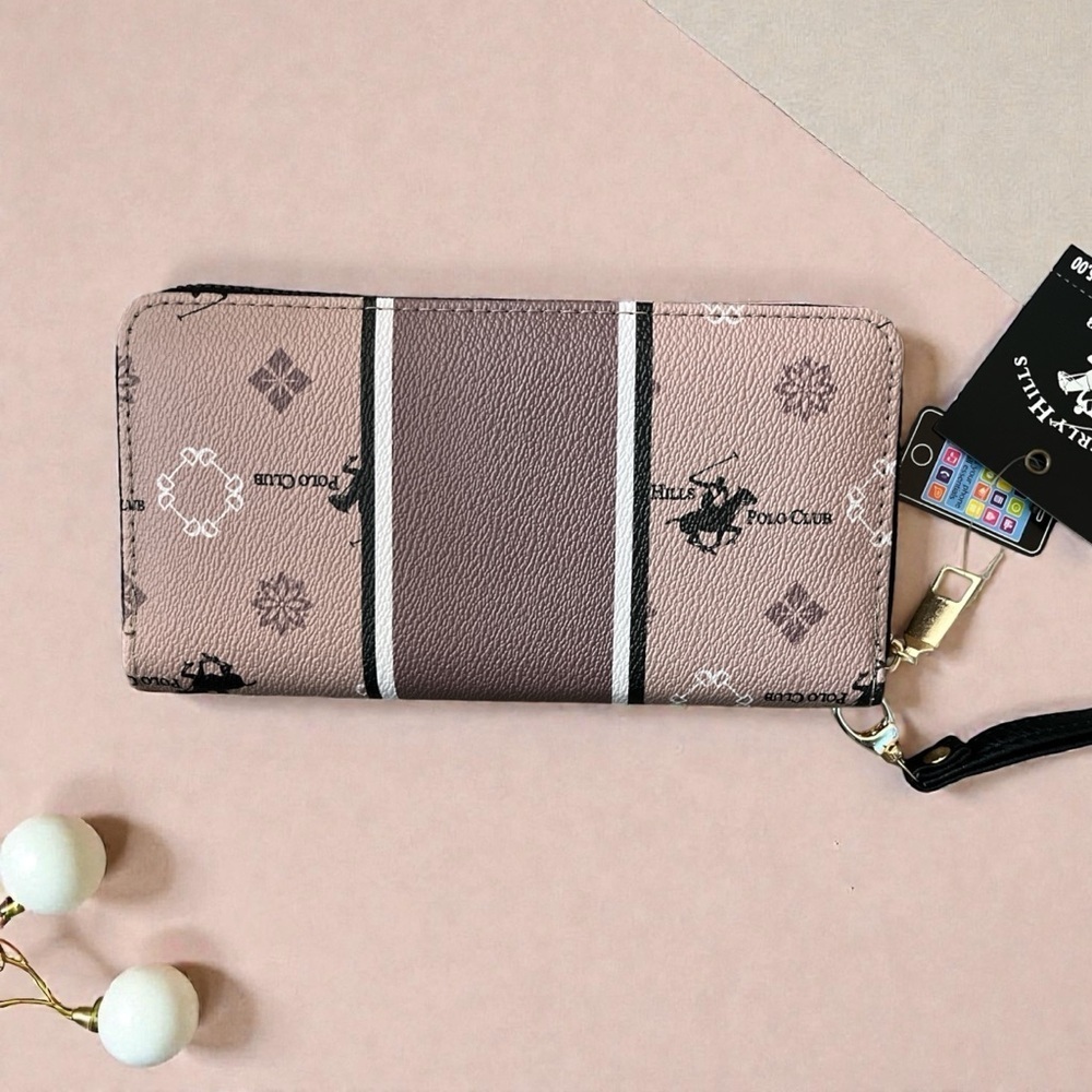 New w/Tags Beverly Hills Polo Club Light Mauve White and Black Zip Around Wallet - Picture 2 of 3